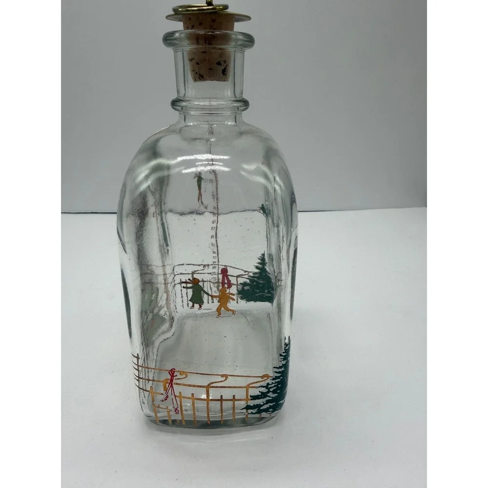Holmegaard Christmas Decanter 1980s Danish Glass Ice Skating Scene Brass Stopper